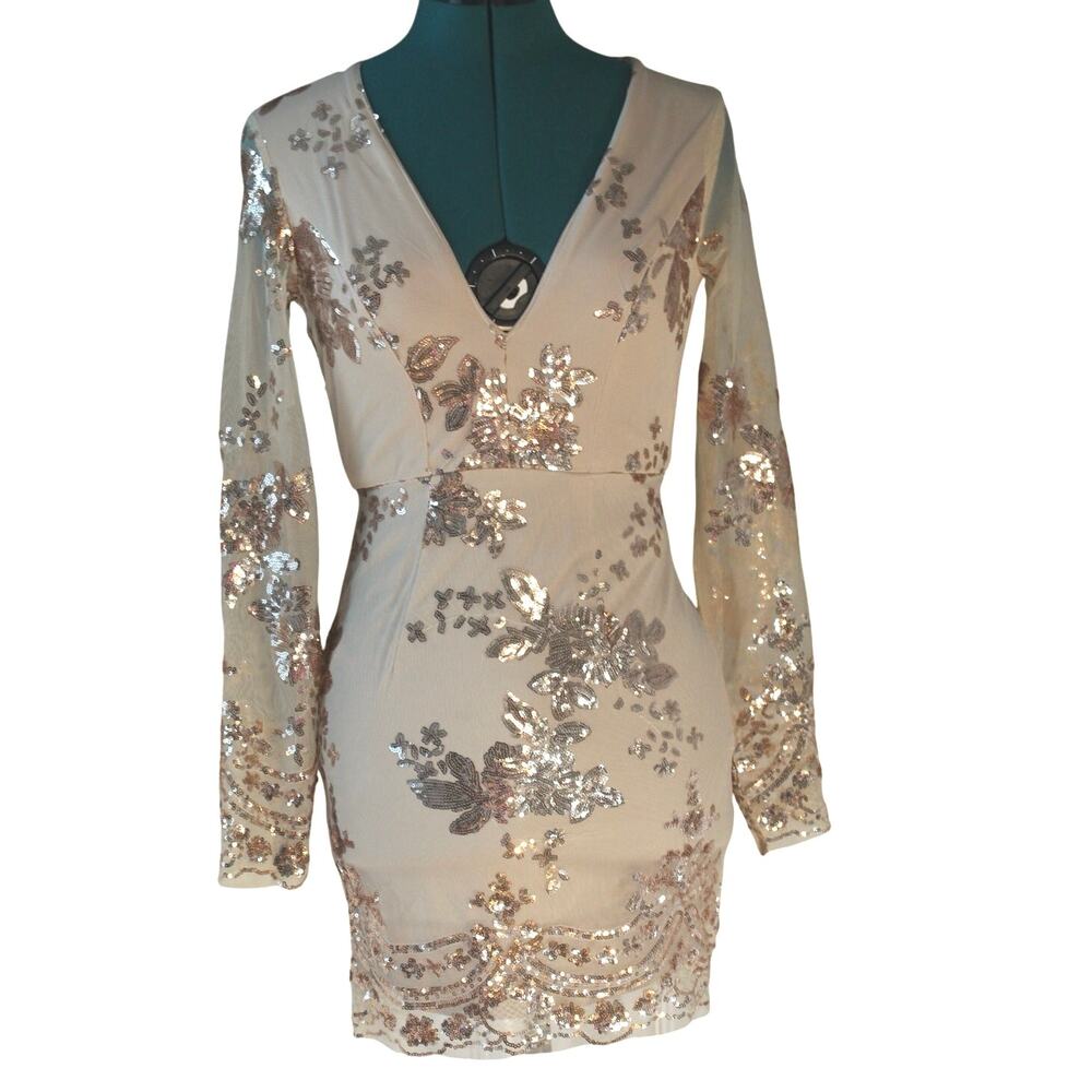 Gorgeous Showpo Long Sleeve Champagne Sequin Mini dress Women's Size S